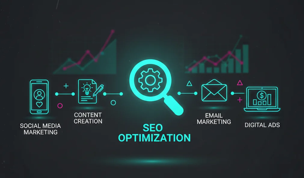 Illustration showing SEO optimization with content creation, social media marketing, email marketing, and digital advertising services by NES Digital Marketing.