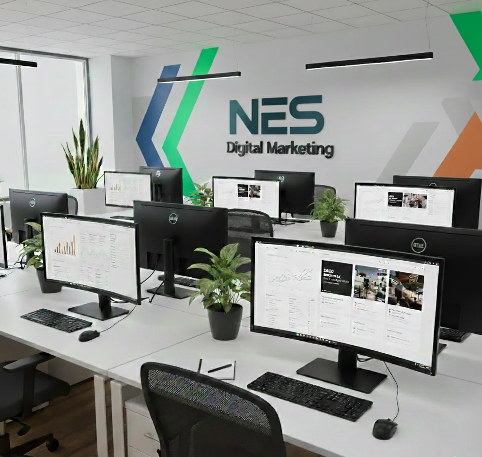 A strategic graphic illustration detailing why businesses choose NES Digital Marketing, highlighting specialized services, conversion-first systems, and data-driven scaling metrics.